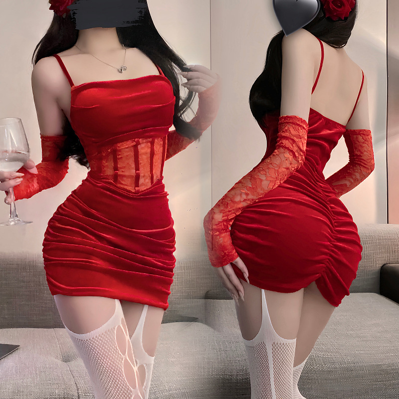 새해 붉은 섹시한 원피스 엉덩이 잠자는 뜨거운 소녀 슬림 핏 레이스 바느질 주름 빨간 벨벳 서스펜스 엉덩이 잠자는 원피스