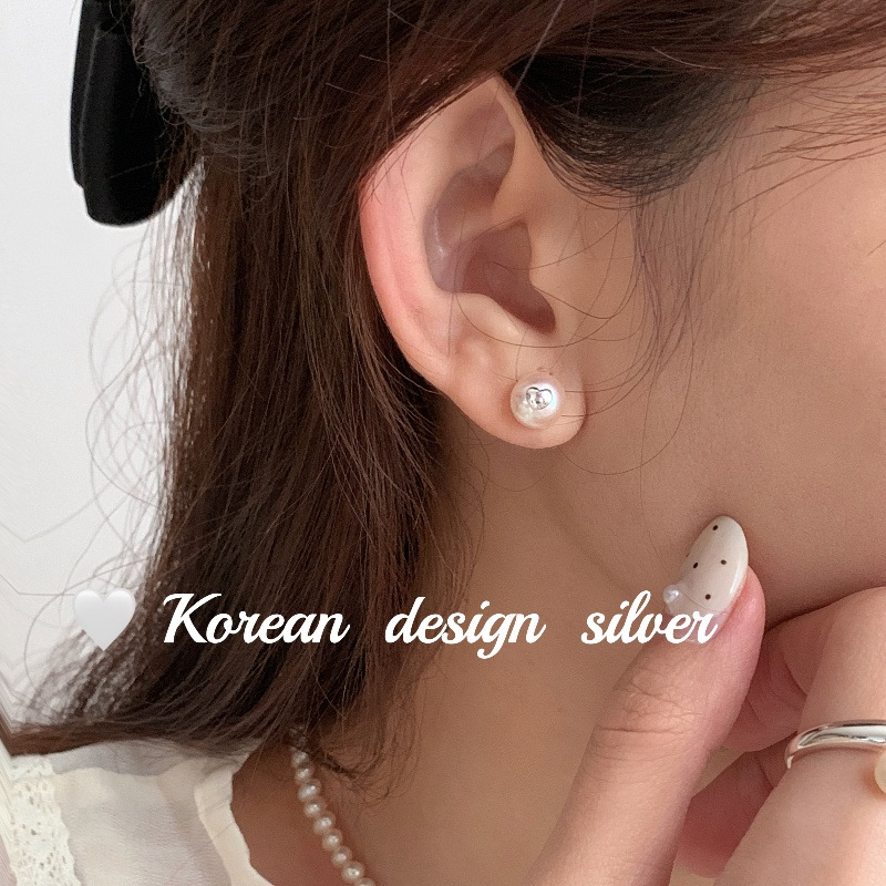 日系韓版Ins風小清新耳飾品 S925純銀愛心珍珠耳釘簡約氣質感女款