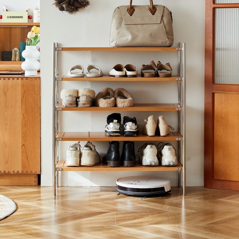 Solid Wood Stainless Steel Shoe Rack Multi-Layer Home Entrance Door Thickened Japanese-Style Storage Small Apartment Open Simple Shoe Cabinet