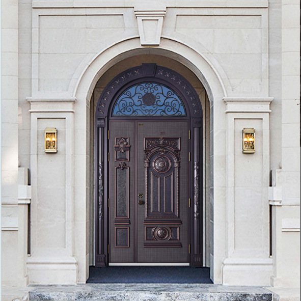 别墅欧式铁艺玻璃入户门手工锻打法式住宅防盗进户门双开大门