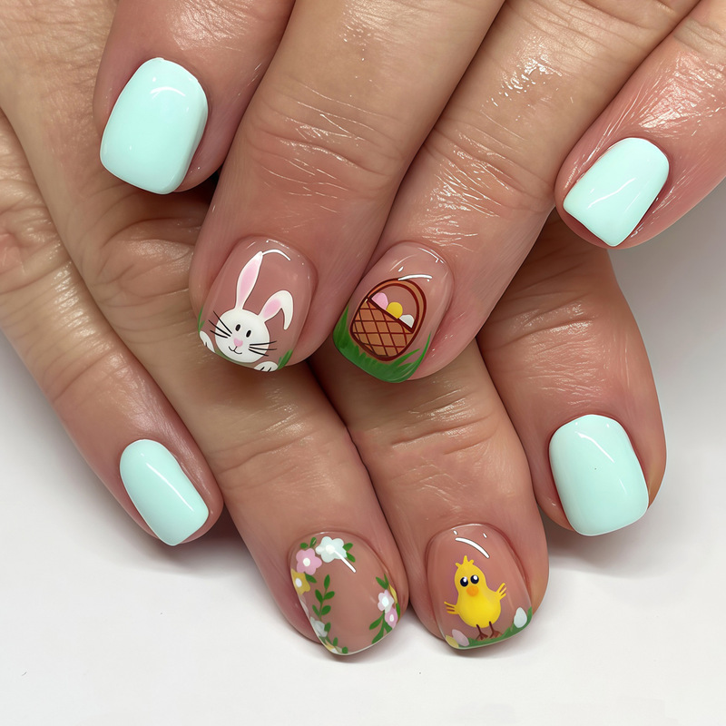 Cross-Border Hot-Selling Short Square Fake Nails, Sky Blue Easter Nail Art, Cute Bunny and Chick Nail Art Wholesale Cross-Border Hot-Selling Short Square Fake Nails, Sky Blue Easter Nail Art, Cute Bunny and Chick Nail Art Wholesale