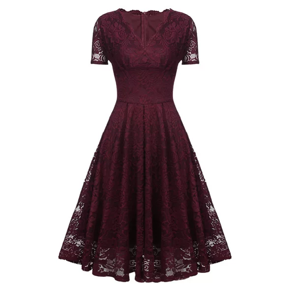 2025 Amazon New Lace V Neck Lace Short-Sleeved Dress Women's Clothing European and American Small Dress Bridesmaid Dress