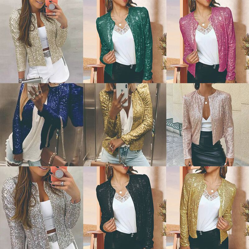 2025 Cross-Border Spring New European and American Fashionable Stand-Up Collar Color-Blocked Sequined Jacket Short Casual Versatile Small Outwear