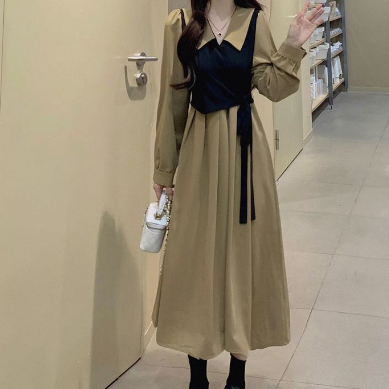 French Style Platycodon Fake Two-piece Long-sleeved Dress Wo..