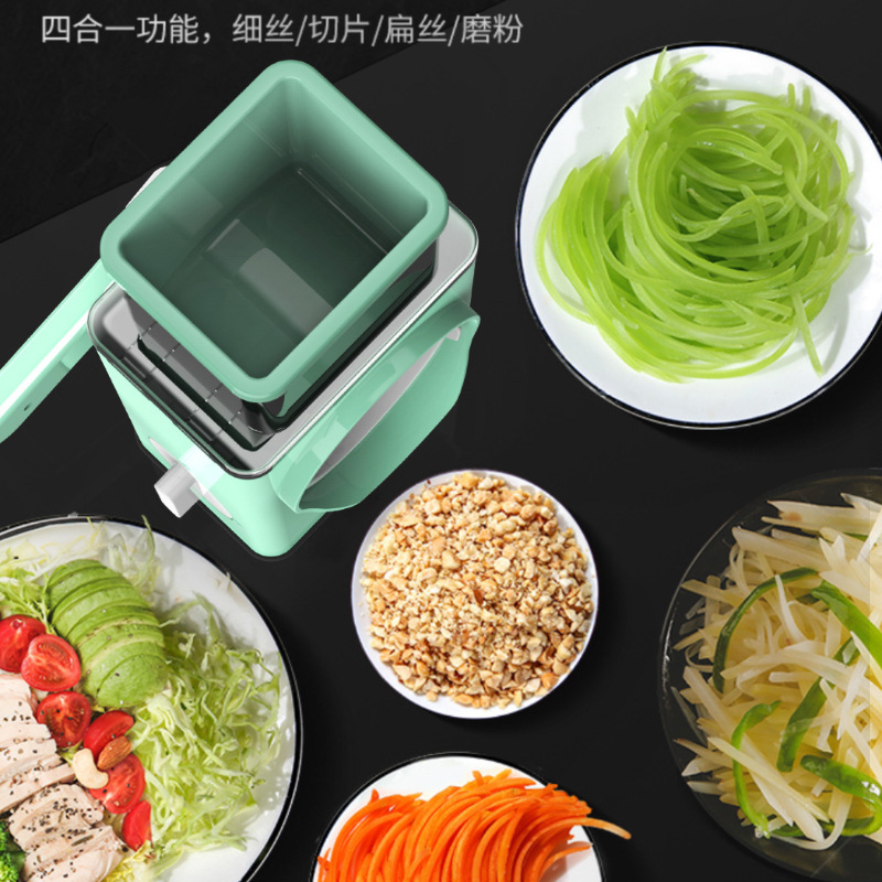 Cortador de verduras manual al por mayor para uso doméstico, rallador giratorio multifuncional, rebanador grueso y fino, triturador de patatas y rábanos.