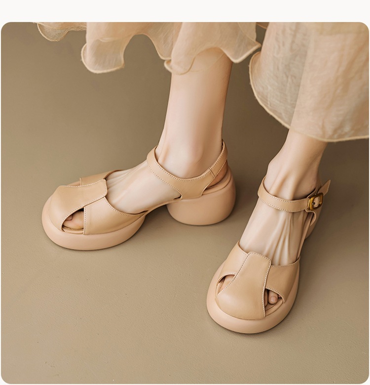 Sandal cao gót nữ bít mũi da cừu gót thô kiểu La Mã đế dày quai ngang — Màu trắng be chi tiết 22