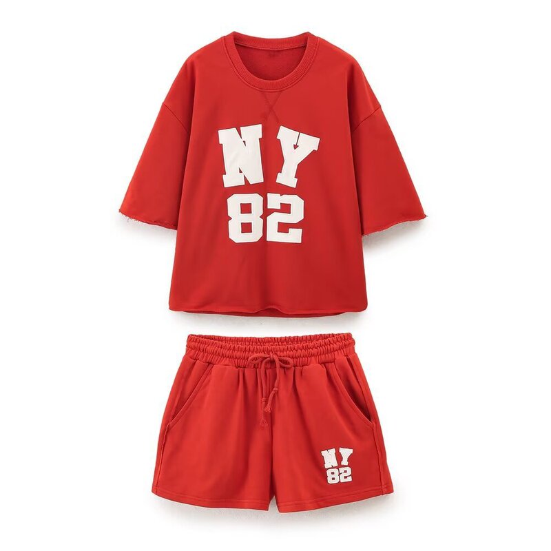 American Summer Red Preppy Style Letter Printed Terry Short-Sleeved Sweatshirt + Elastic Waist Drawstring Sweatpants Suit