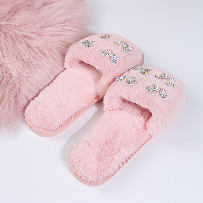 Plush Butterfly Cotton Rhinestone Slippers NSKJX104251