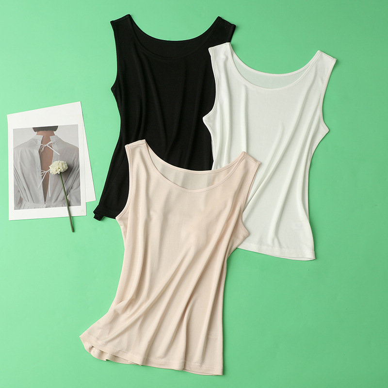 New Thin 100 Mulberry Silk Silk Knitted Round Neck Bottoming Sleeveless Simple Solid Color Vest Women's Summer