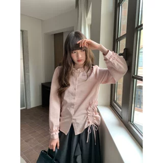木耳边圆领泡泡袖绑带长袖衬衫女春季女士衬衣小宽松上衣