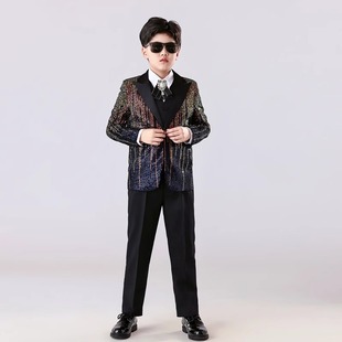 Boys' Gradient Sequin Suit Set Stylish High-End Formal Wear Trendy Fashionable Model Runway Performance Outfit