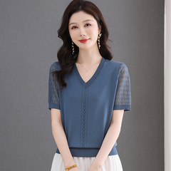2025 新しい夏の半袖トップスアイスシルクベリーカバーシャツ薄い女性のルーズニット V ネック Tシャツトレンディ