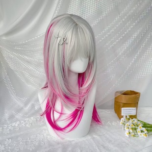 Silver-White Highlighted Pink Long Straight Jellyfish Wolf Tail Sweet Cool Matte Full Wig for Women