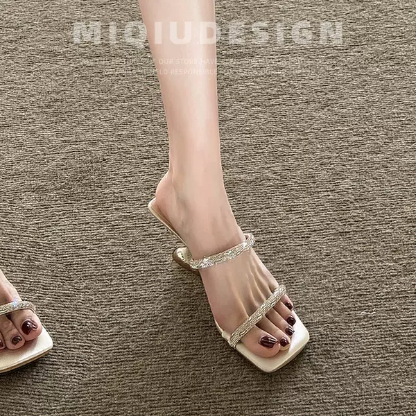 Rhinestone Strap Sandals for Women, Summer 2026 New Style, French Square Toe, Stunning and Sexy Open-Toe Wedge Sandals
