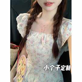 145小个子法式甜美荷叶边刺绣xs连衣裙女收腰a字中长款碎花裙夏LY