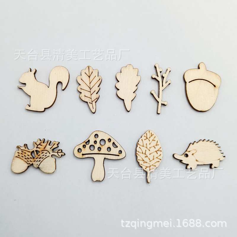 Animal madera ardilla Pino cono hojas de setas astillas de madera mixta estilo pastoral decoraciones de madera 200 unidades por paquete