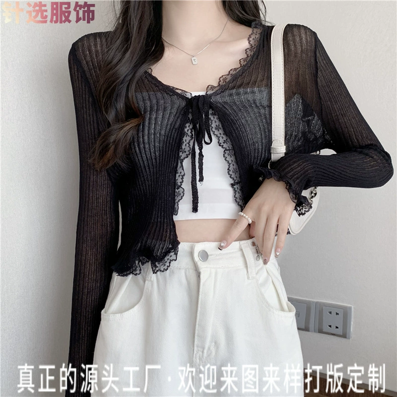 Нежный Версаль топ свежий кружевной шнуровка тонкий солнцезащитный крем трикотажный кардиган женский осень и зима