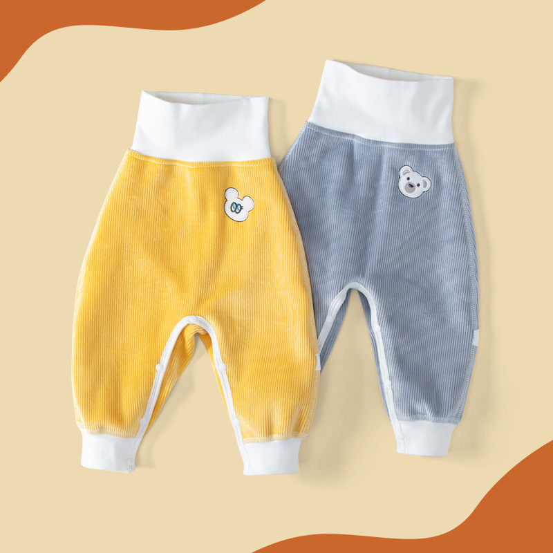 Baby pants fleece-lined pants autumn and winter diaper pants snap button baby high waist pants belly protection pants newborn pp hidden buckle open