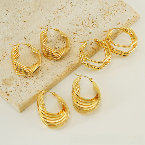 Euro-American Fashion Titanium Steel Retro Multi-layer Hollow Earrings with INS High-end Sense Exaggerated Personality Geometric Earrings for Women, Wholesale