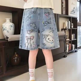 女童牛仔短裤夏季2025新款中大童洋气印花五分裤儿童夏装薄款时尚