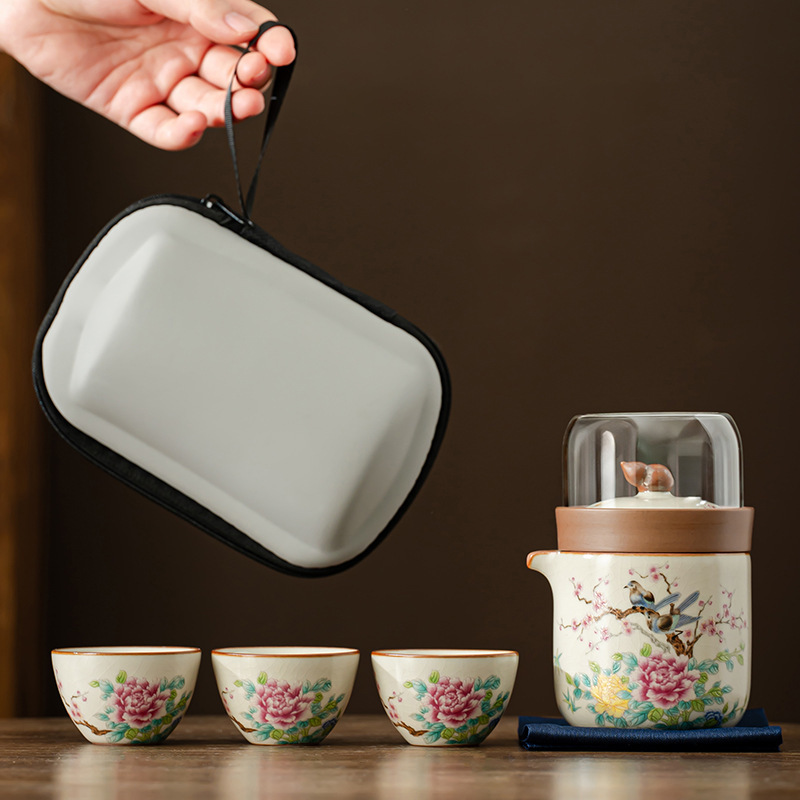 Xishangmei Qiu Kiln One Pot Three Cups Travel Tea Set Portable Quick Cup Outdoor Camping Tea Pot