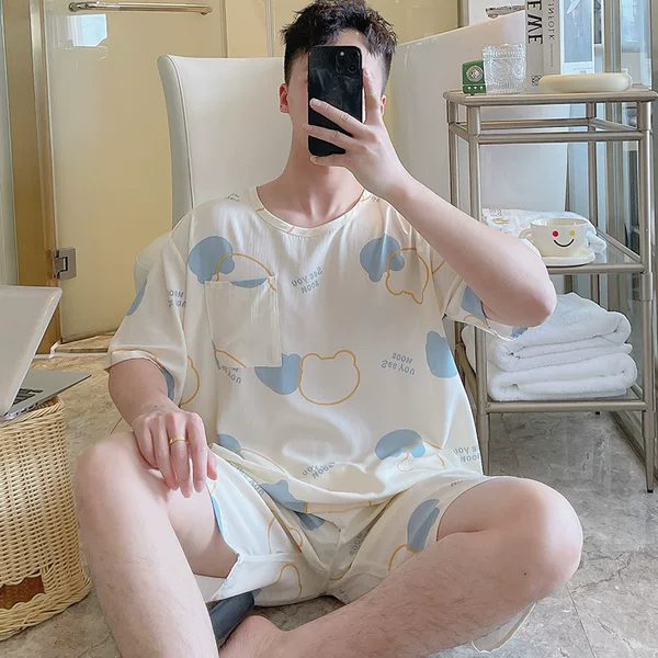 Cotton Silk Pajamas Men's Summer Elegant Short-sleeved Home Clothes for Teenagers and High School Students Loose plus size Cartoon Thin suit