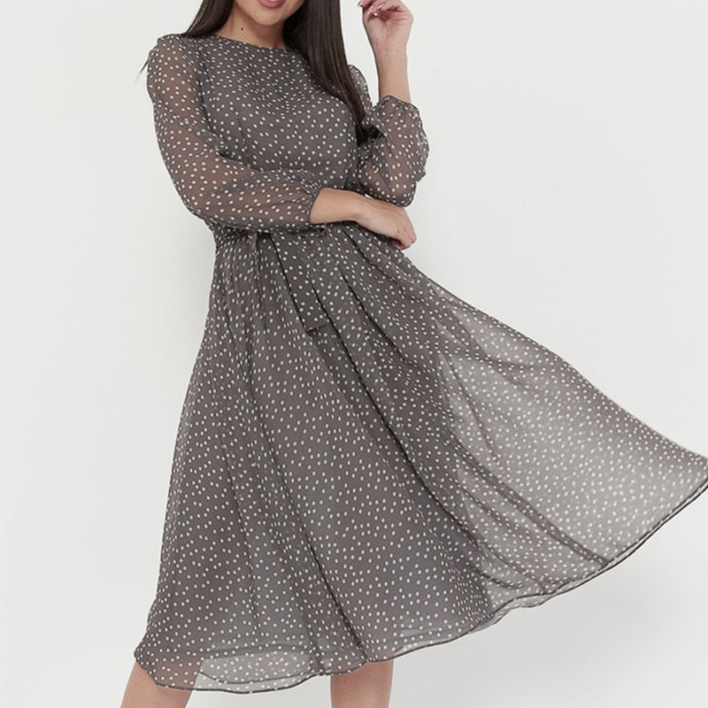 Amazon AliExpress 2023 Spring/Summer chiffon dress long sleeve Brown black polka dot lace printed dress