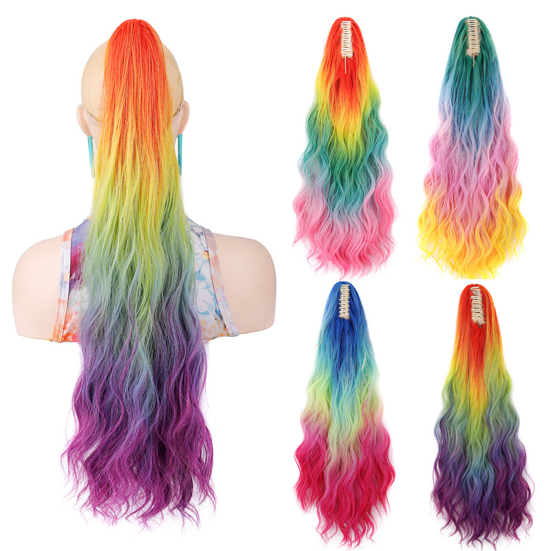 Halloween Rainbow Gradient Claw Clip Ponytail European and American Style Wig Ponytail for Women Corn Perm Fluffy Yaki Ponytail Cross