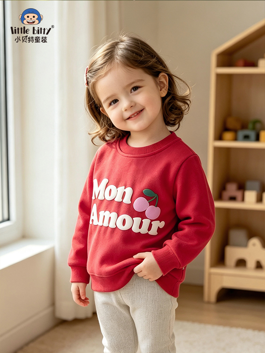 Girls' Red Round-Neck Sweatshirt, Fall/Winter 26 Collection, Cherry Letter Foam Print, Pullover Sweatshirt for Young Children