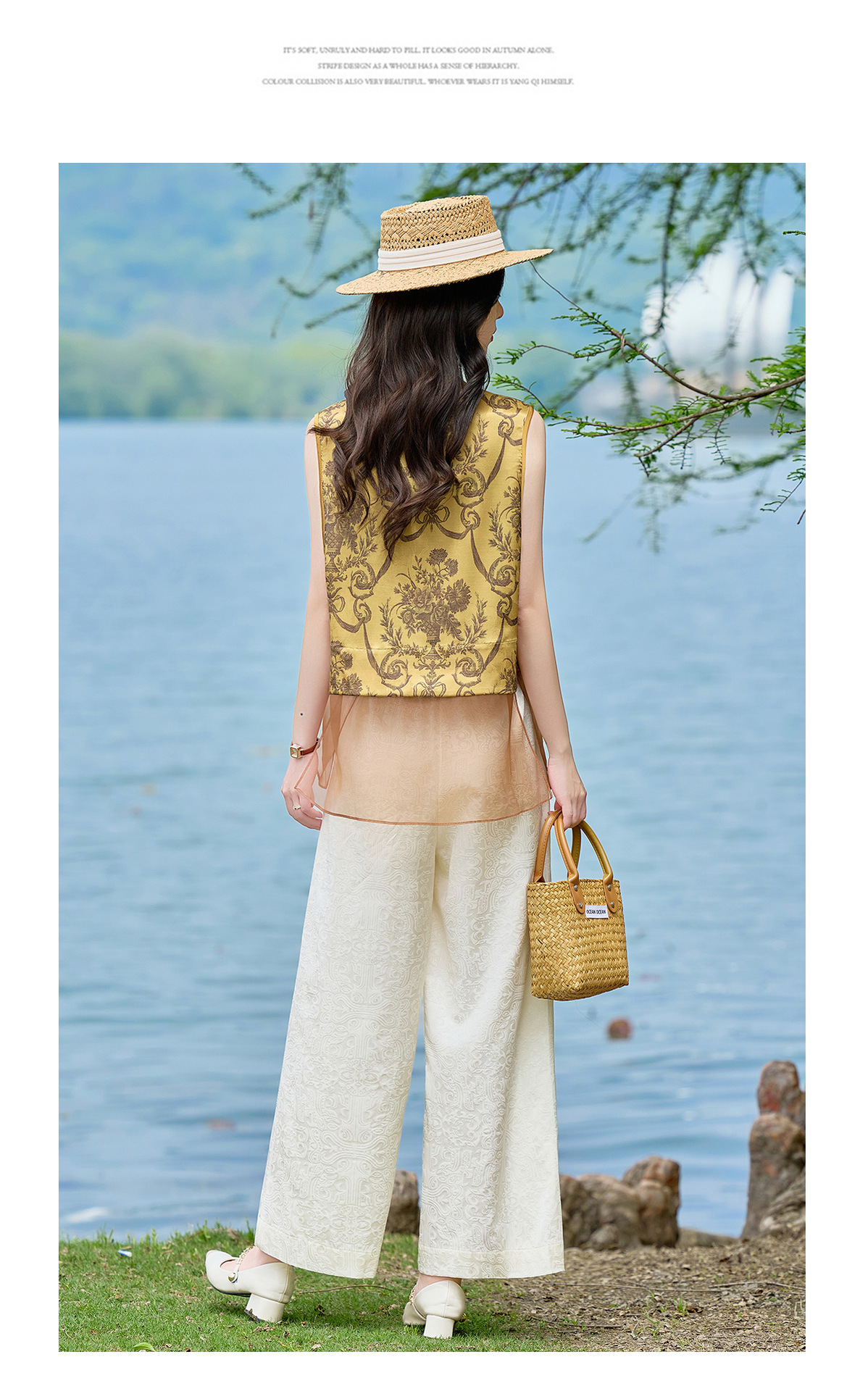 Bộ áo vest gile in họa tiết và quần ống suông phối đồ vintage nữ — Bầu hồ lô, Màu vàng chảy chi tiết 24