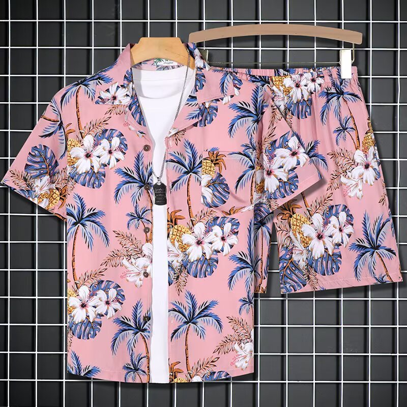 Summer Suit Two-Piece Casual Shirt Fashionable Loose Beach Hawaiian Seaside Short-Sleeved Shorts Vacation Couple Summer Suit Two-Piece Casual Shirt Fashionable Loose Beach Hawaiian Seaside Short-Sleeved Shorts Vacation Couple