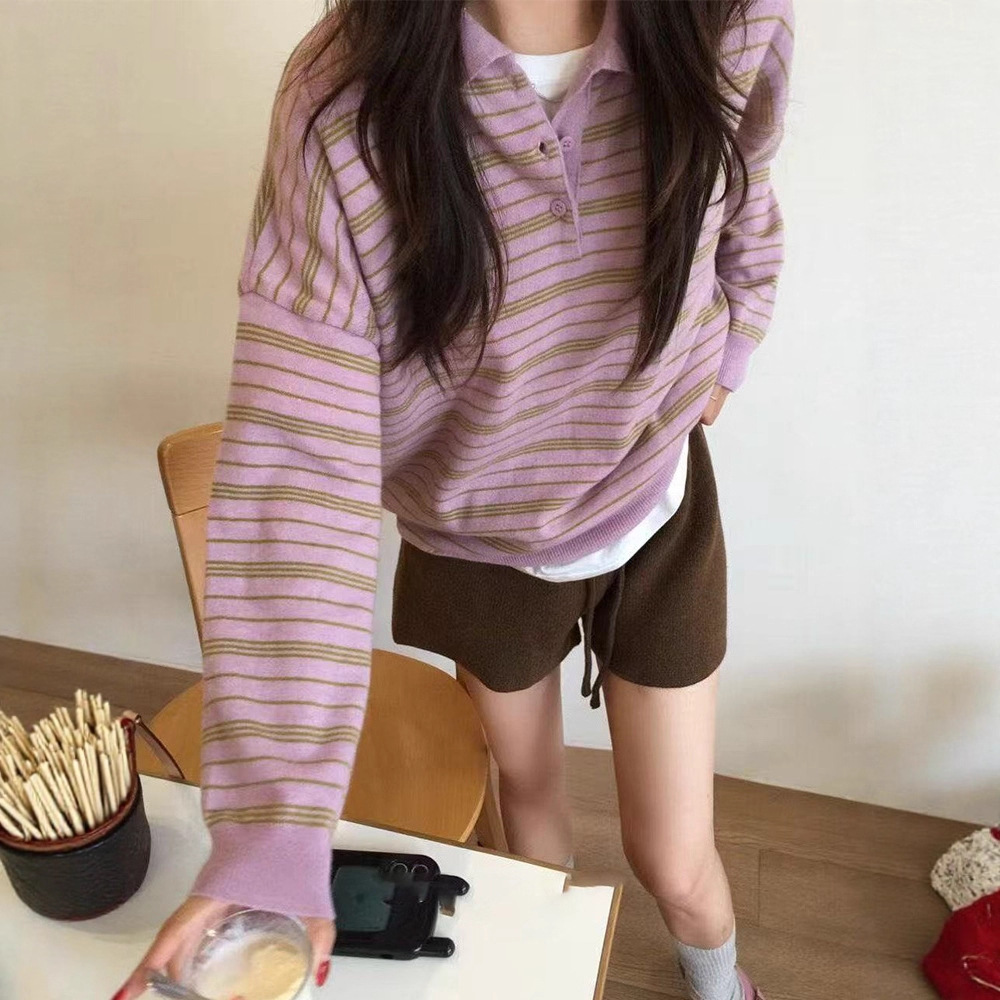 unum韩国代购2025早秋新款复古条纹长袖polo领针织衫女韩系毛衣