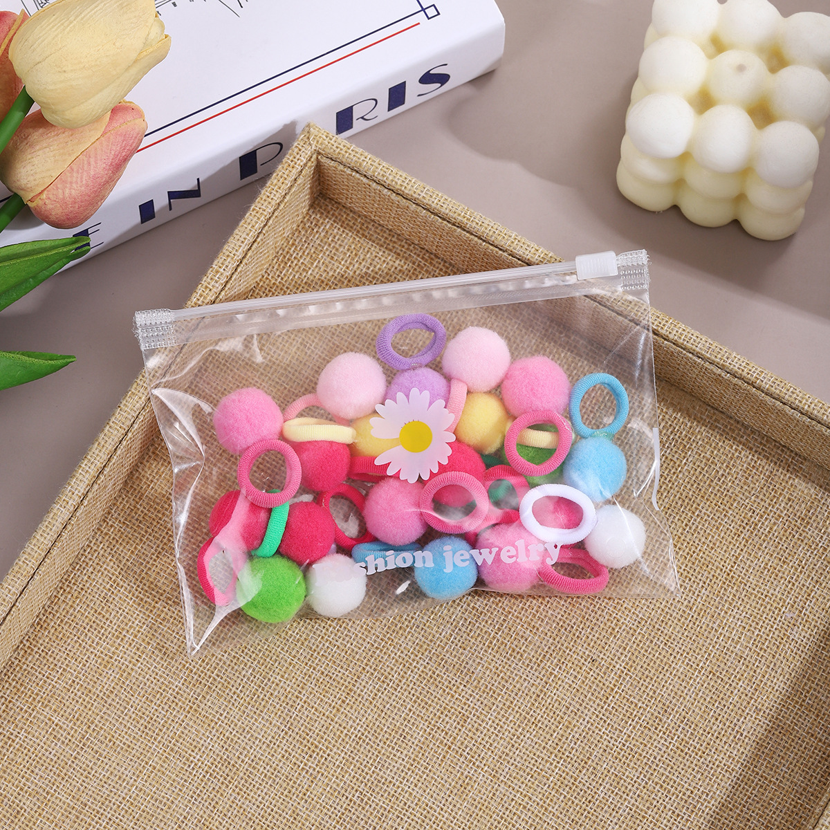Juego de cuerda para el cabello de bola de color caramelo para niños, bolsa de estilo dulce para bebés, mini cuerda para la cabeza de alta elasticidad, banda de goma, accesorios para el cabello