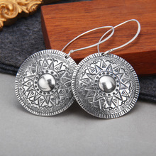 s925纯银复古做旧手工银复古做旧夸张大圆牌耳环女ins民族风耳饰