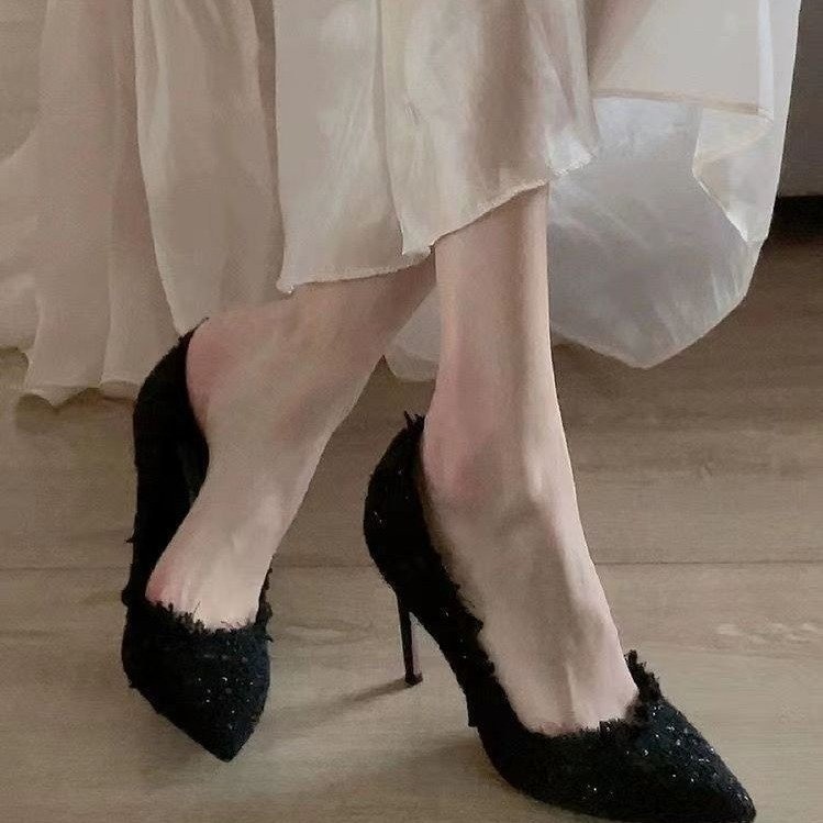 高跟鞋女细跟2024年新款秋冬季编织欧美法式尖头单鞋小香风女鞋子