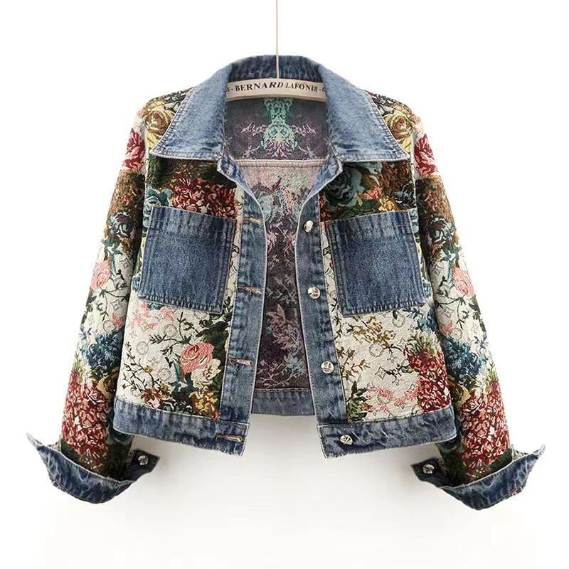 2025 Autumn New Versatile Printed Patchwork Long Sleeve Turn-Down Collar Denim Jacket for Women Short Petite Top Jacket