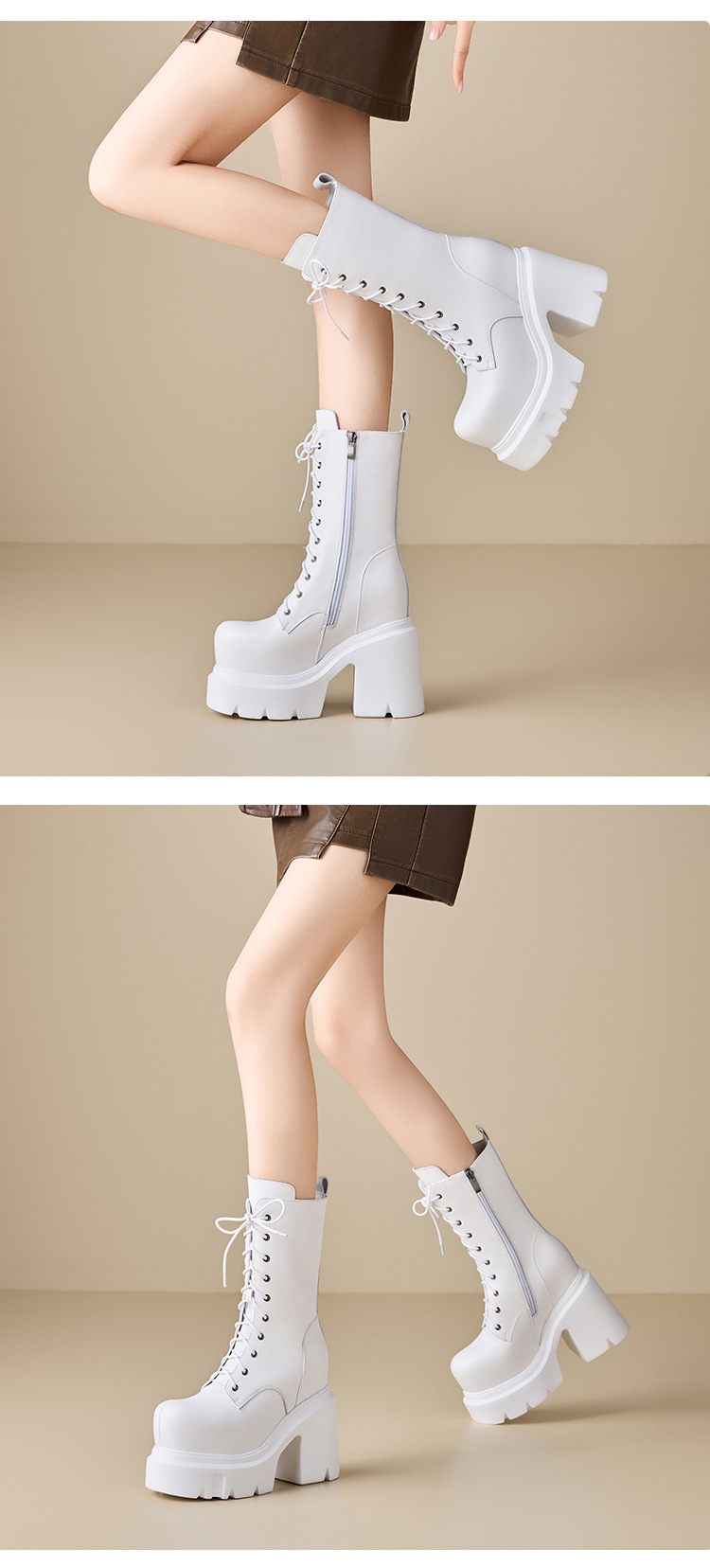 Boot nữ da mềm mũi tròn gót thô đế dày dây buộc cao 14 cm — Đen nhung chi tiết 3