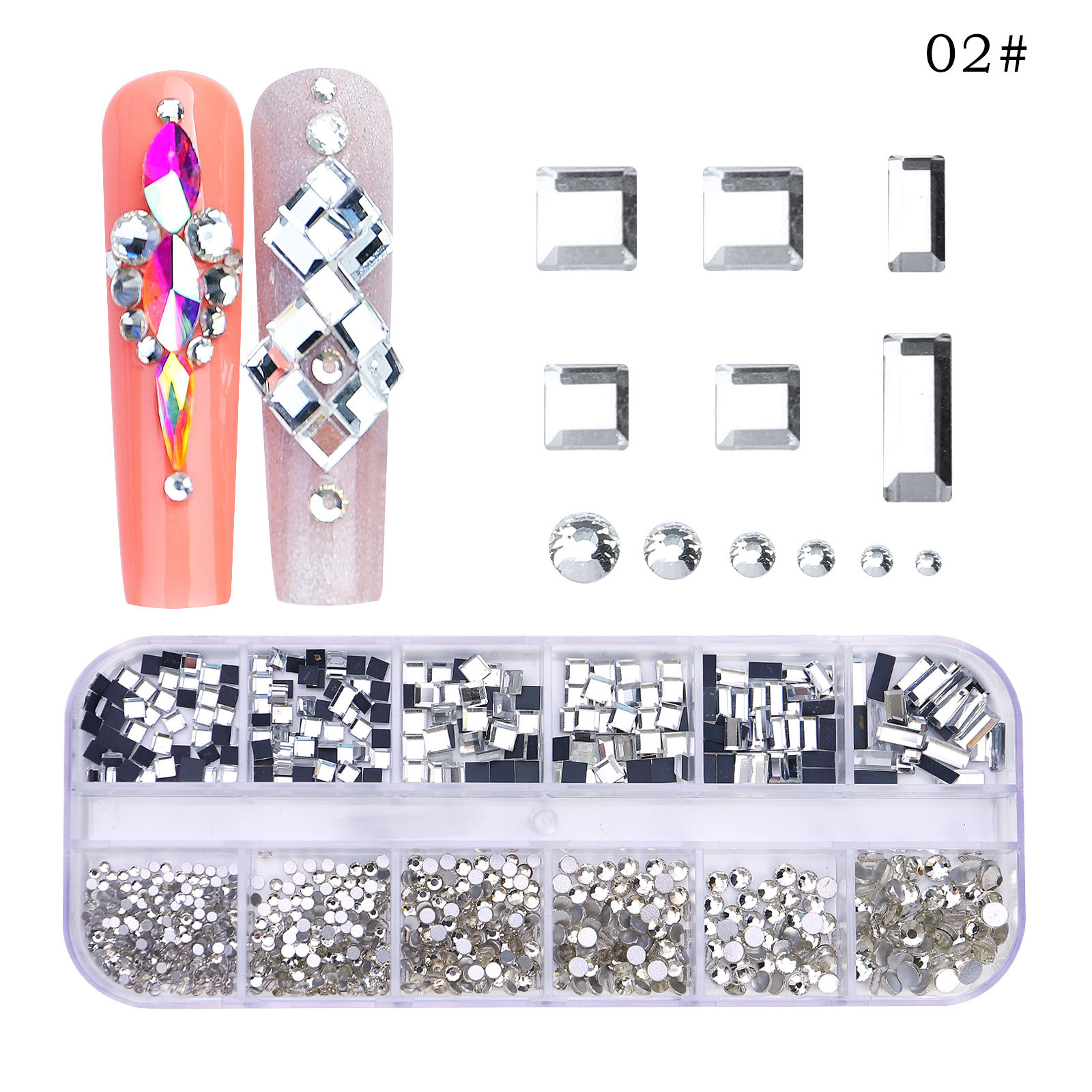 Transfronterizo nuevo taladro de uñas de 12 rejillas de forma especial diamante plano rhinestone AB joyería de uñas decoración de uñas de diamantes ventas directas de la fábrica