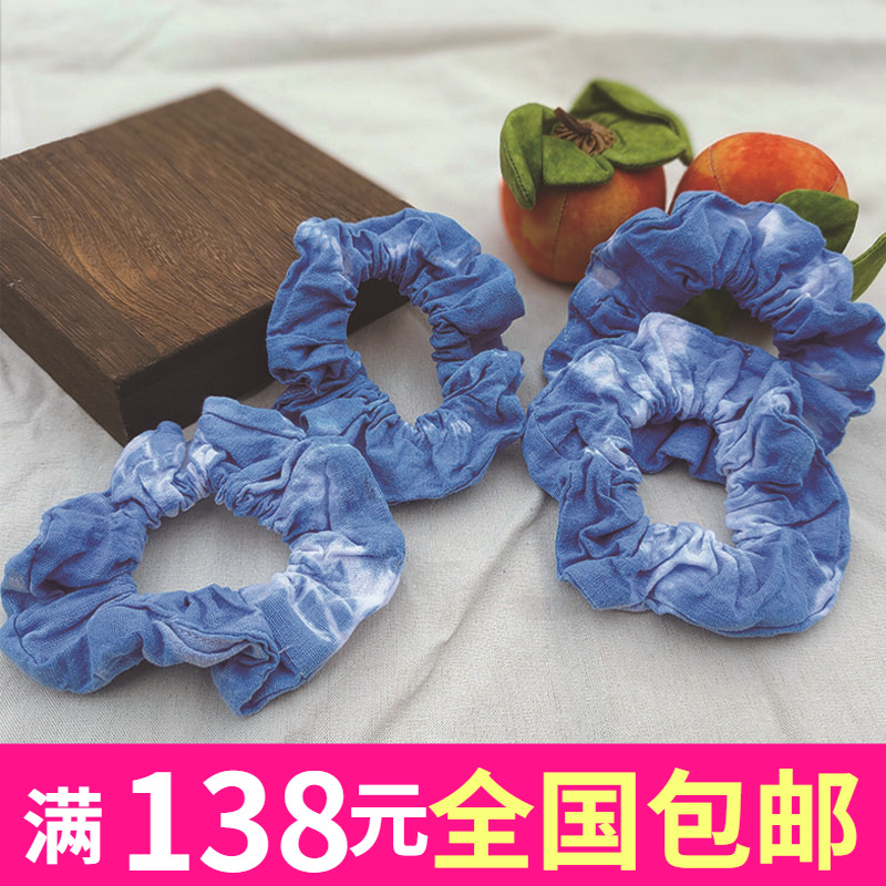 新款窄边古风纯手工植物染蓝色扎染仙女发圈气质纹理布艺不伤发