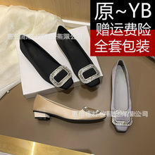 高版本RV方扣水钻粗跟单鞋女2026新款春秋真丝绸缎方头浅口高跟鞋