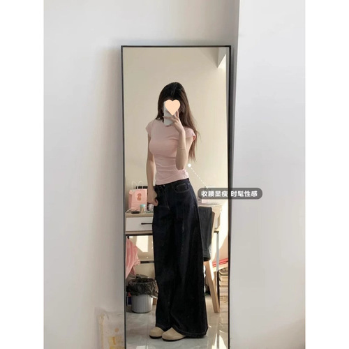 Cotton Pink Right Shoulder Short Sleeve Shirt Women 2025 Summer Slim American Comic Waist Tight Slim Top
