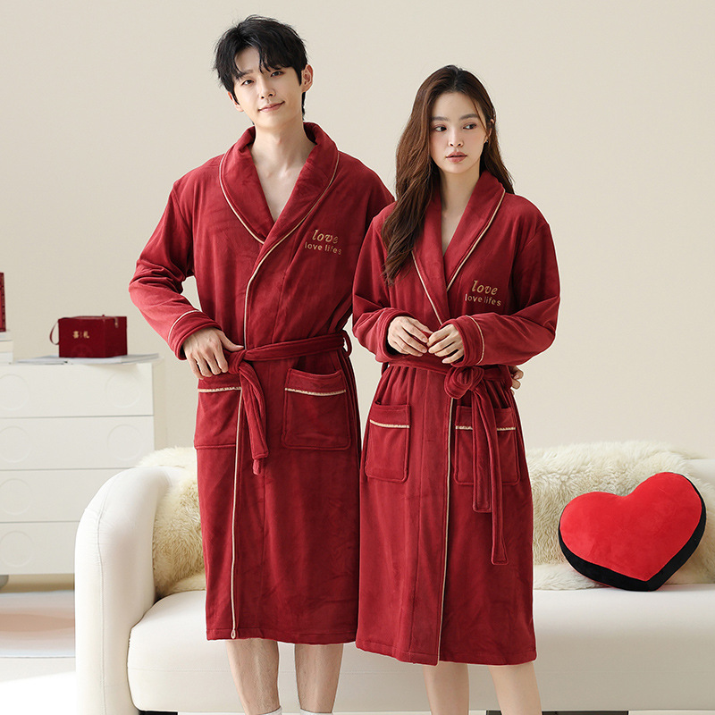 Red Autumn and Winter Island Velvet Couple's Nightgown High-end fleece-lined Thickened Pajamas for Men and Women Wedding Coral Velvet Bathrobe Red Autumn and Winter Island Velvet Couple's Nightgown High-end fleece-lined Thickened Pajamas for Men and Women Wedding Coral Velvet Bathrobe
