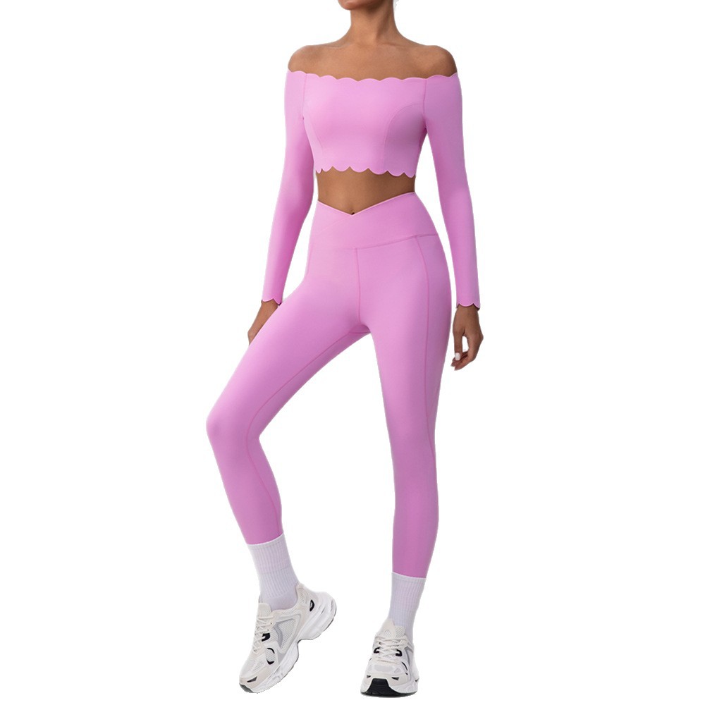 Europeos y estadounidenses un hombro trajes de yoga set top con cojín de pecho bra deportivo encaje pequeño hombro cortado mangas largas mujeres