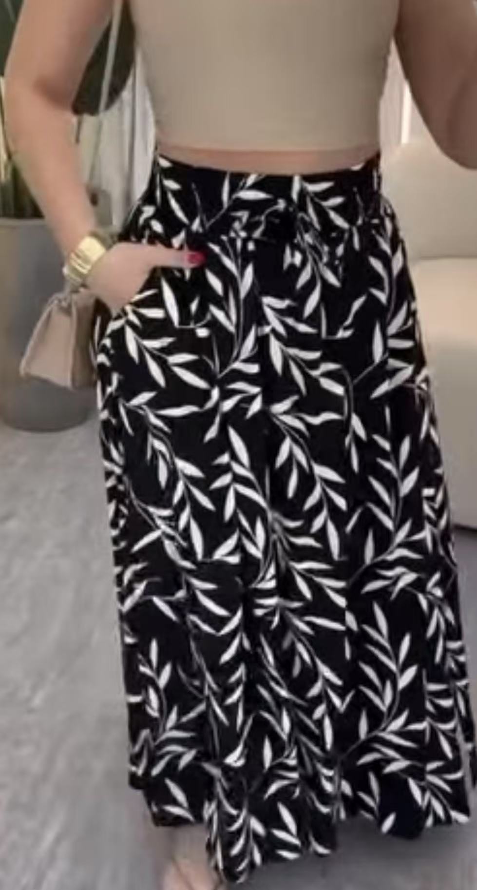 Women's Casual Wide Sleeve Printed Slit Pocket Midi Skirt Bestselling_ecoleips.com