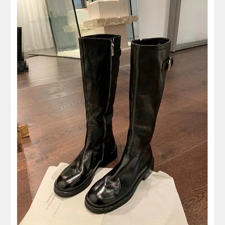 水洗马皮葡萄妈同款真皮复古厚底骑士靴女显瘦粗跟高筒靴女长筒靴|undefined