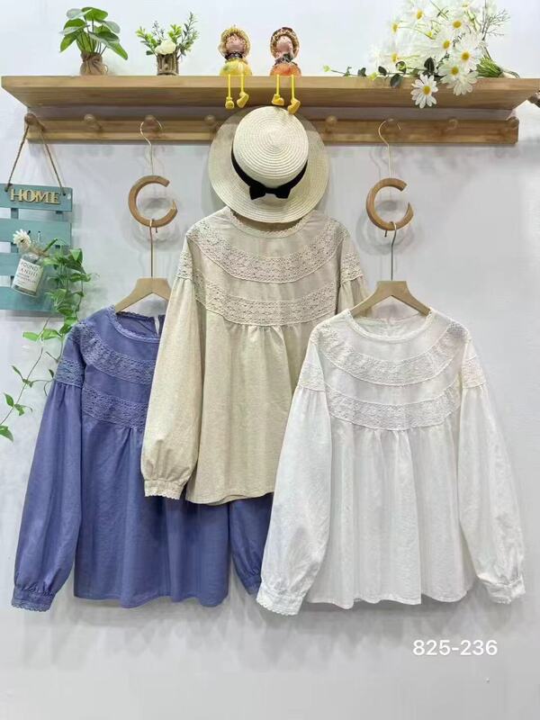 Lace Trim Spliced Cotton and Linen Long-Sleeve Shirt Autumn Japanese Mori Style Round Neck Versatile Loose Pullover Top Lace Trim Spliced Cotton and Linen Long-Sleeve Shirt Autumn Japanese Mori Style Round Neck Versatile Loose Pullover Top