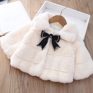 2025 Girls' Faux Fur Coat Stylish Baby Fur Sweater Children's Bow Cotton Jacket Autumn Winter Thickened Coat Trendy
