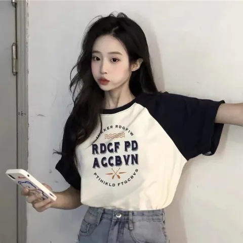 Short-sleeved T-shirt for students, trendy style, short-sleeved T-shirt for women, Korean-style student printed loose top, fashionable