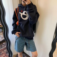 美式复古波点字母刺绣连帽卫衣女秋冬学院风宽松百搭藏青色上衣潮