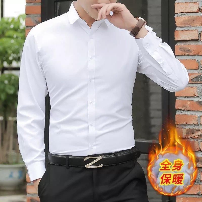 メンズベルベット厚手シャツ秋冬スリムビジネスプロフェッショナル無地作業服長袖ホワイトサーマルジャケットトレンディ|undefined